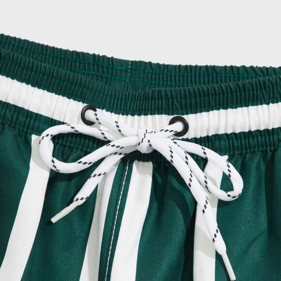 Green Vacation Style Striped Men's Swim Trunks - Picture 4 of 6